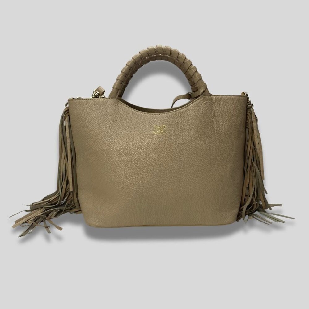JOHNNY WAS Taupe/Soft Pink Leather Fringe Satchel Bag with Braided Handle